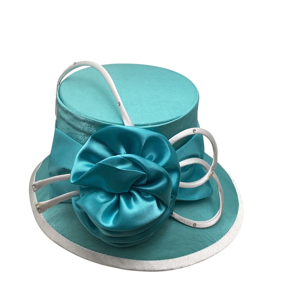 Corinthians Teal Satin Church Hat Rosette Rhinestone‎ Derby Wedding
